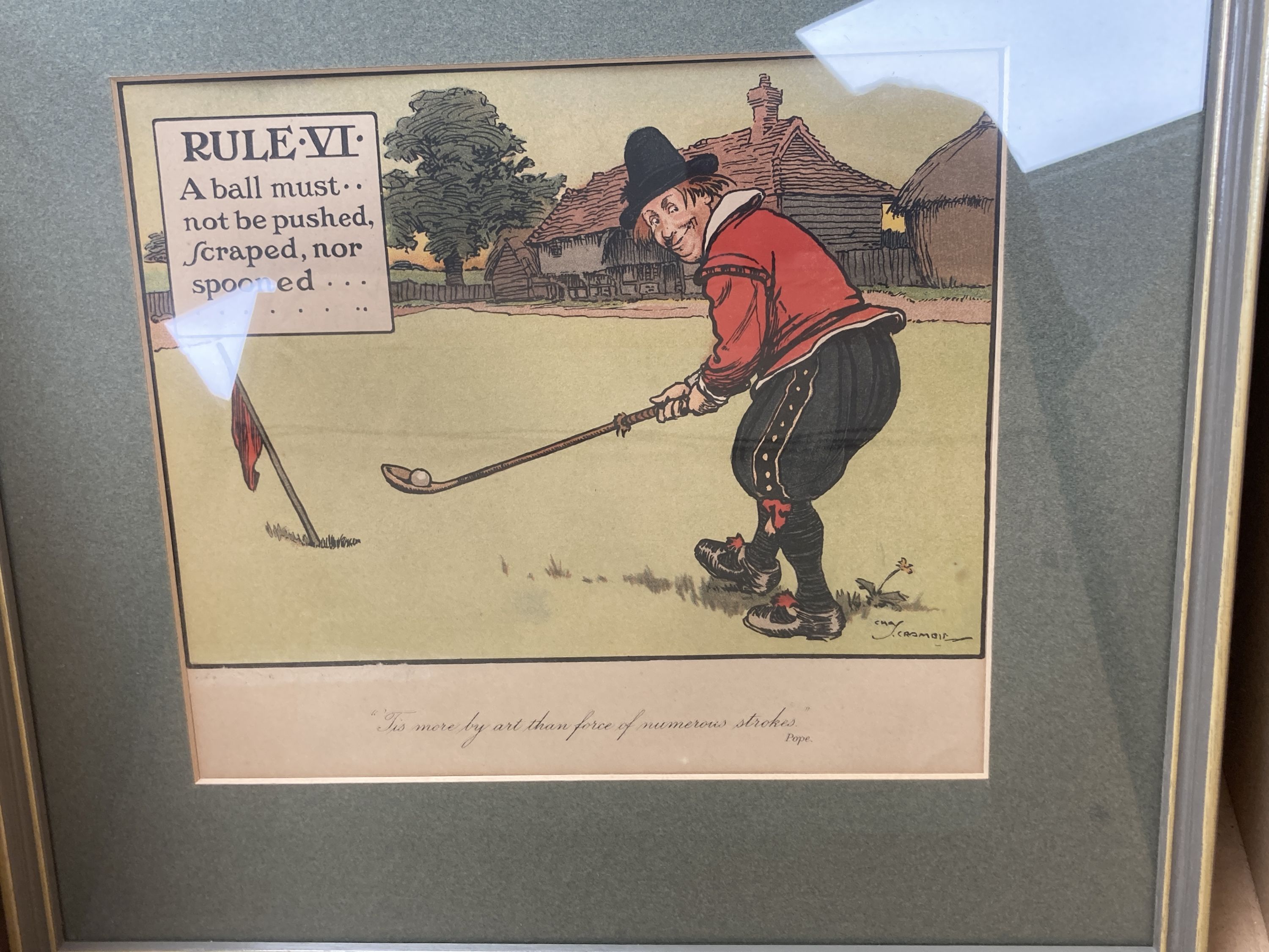 Charles Crombie, set of twelve comical golfing prints, Perrier Golf Rules